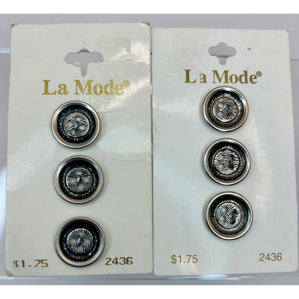 Vintage La Mode OX Silver Metal Buttons‎ #2436 - 2 Cards 6 NOS Textured 5/8"